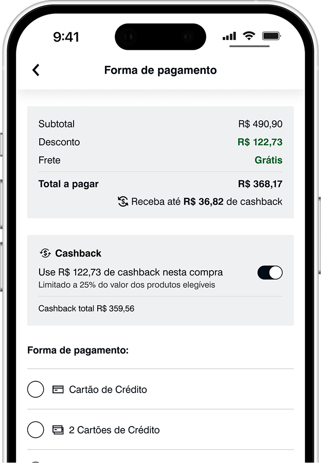 Página de produto mostrando o valor de geração do cashback