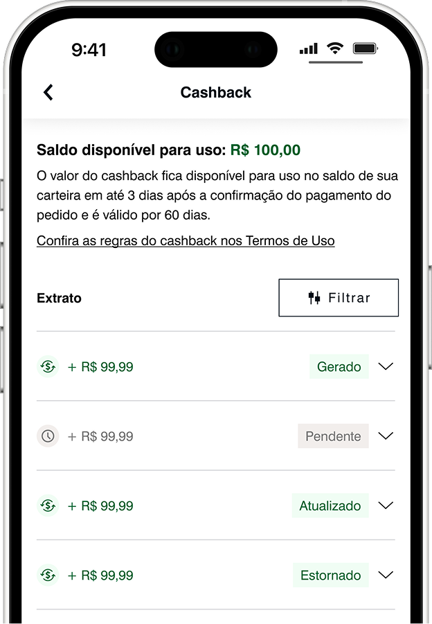 Página de extrato mostrando o valor das transações do cashback