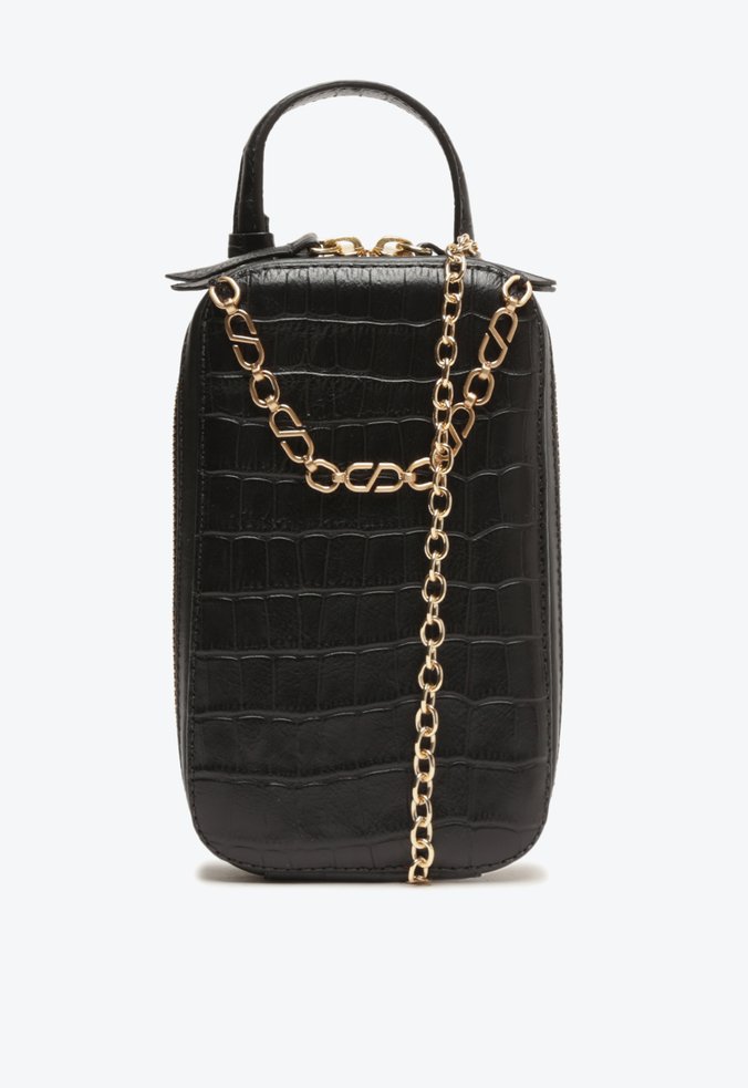 Bolsa Tiracolo Porta Celular Couro Croco Preta