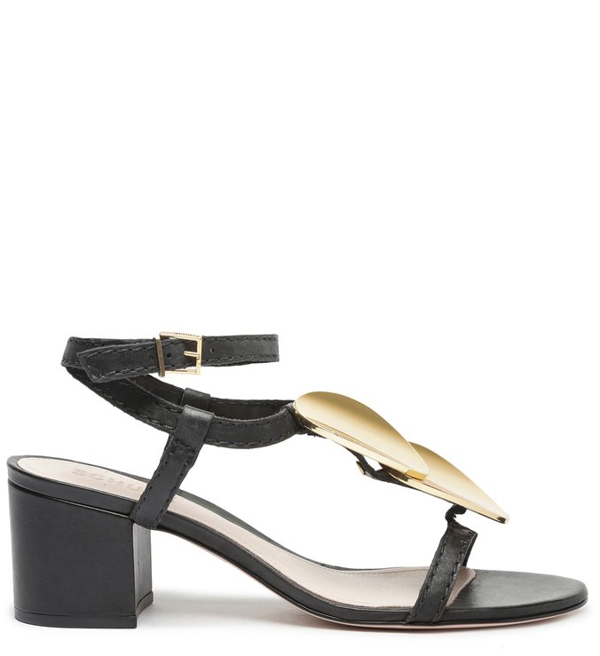 Sandália Salto Bloco Couro Preta e Dourada