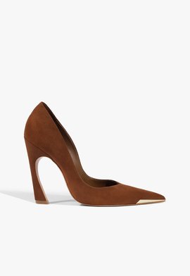 Scarpin Lexi Biqueira Metal Salto Alto Couro Marrom