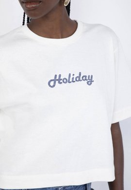 Camiseta Cropped Algodão Milene Holiday Branca