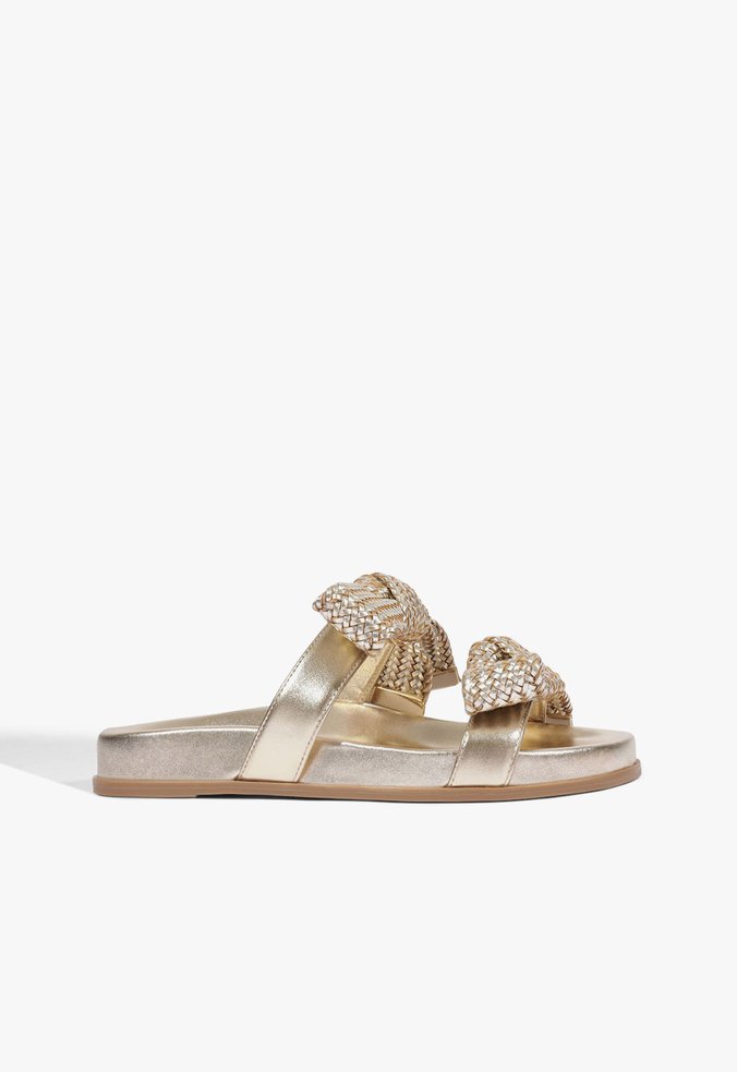 Papete Flatform Bico Redondo Laços Dourada