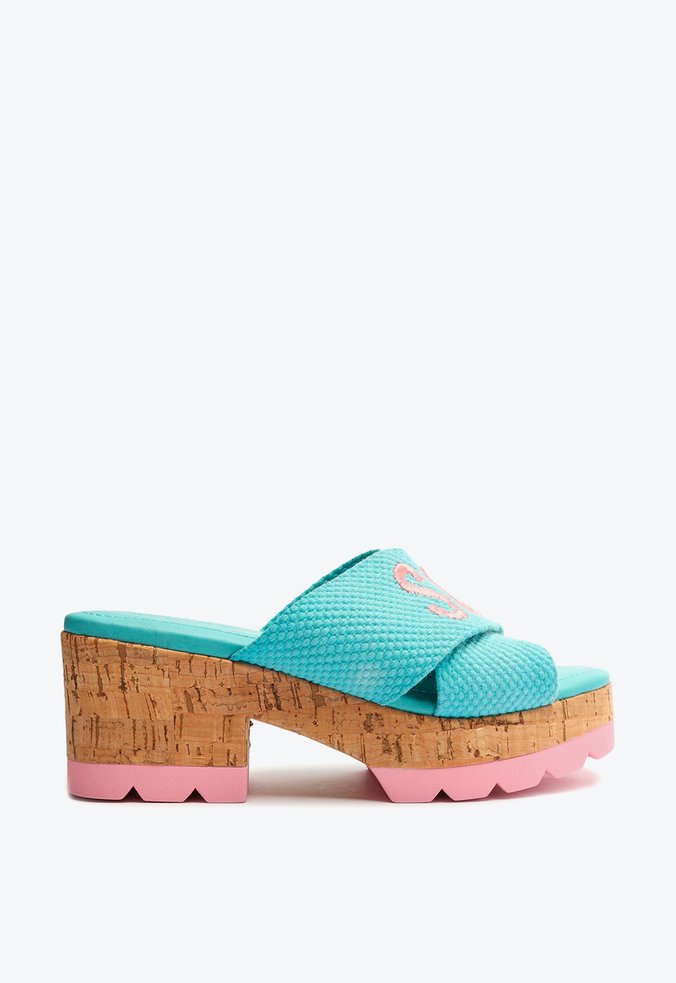 Sandália Tamanco Clog Schutz Logo Cortiça Azul Claro