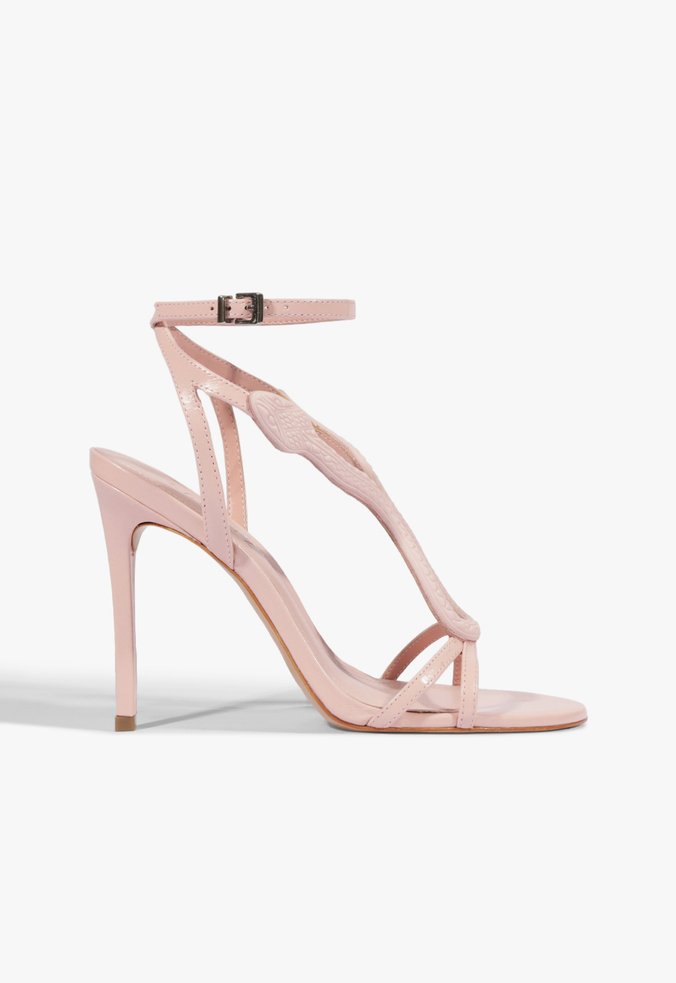 Sandália Salto Alto Fino Adornos Couro Rosa