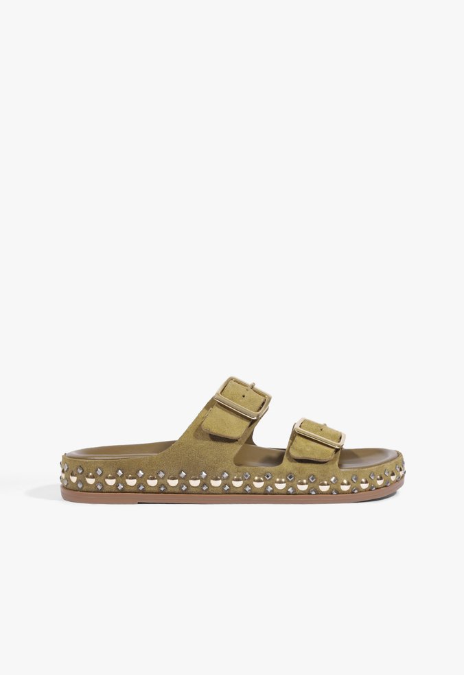 Sandália Papete Studs Camurça Verde Oliva