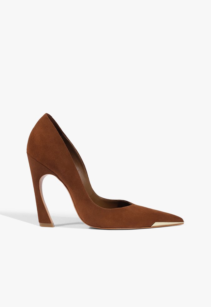 Scarpin Lexi Biqueira Metal Salto Alto Couro Marrom