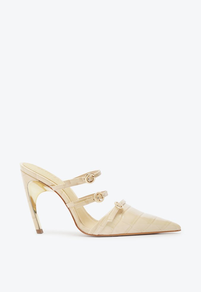 Mule Curve Heels Verniz Croco Bege