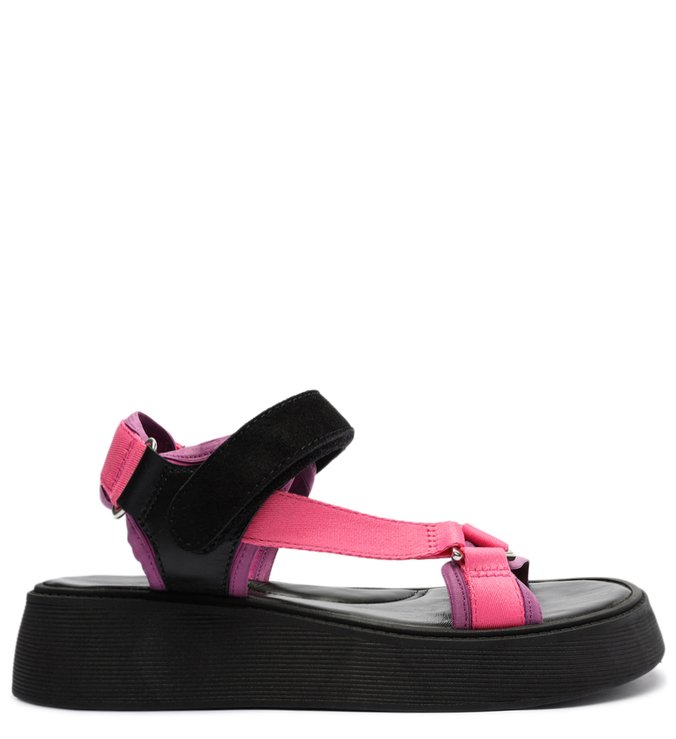 Sandália Papete Velcro Preta e Rosa