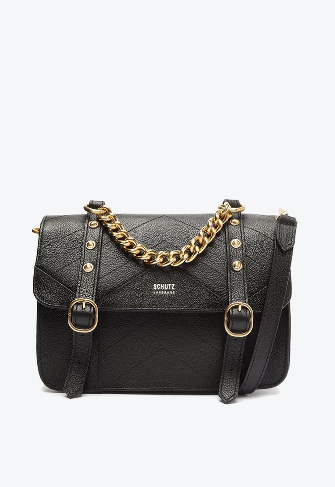 Bolsa Tiracolo Paige Couro Fivelas e Corrente Preta