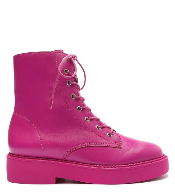 Bota Coturno Amarração Couro Rosa