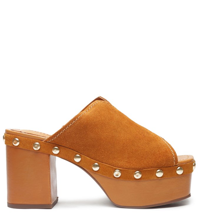 Sandália Clog Suede Studs Caramel