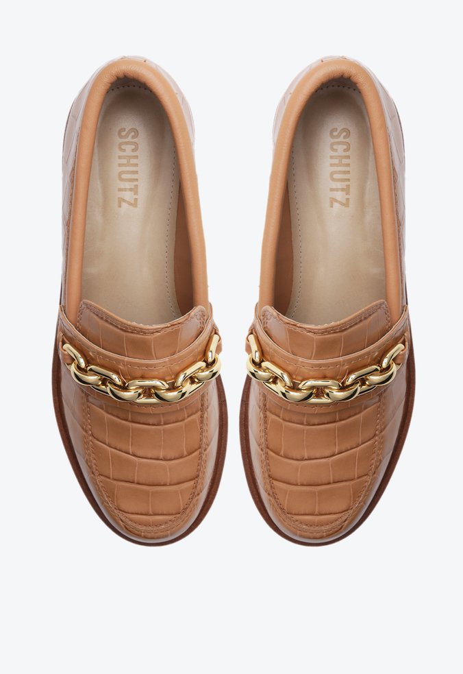 Mocassim Dannie Couro Croco Marrom
