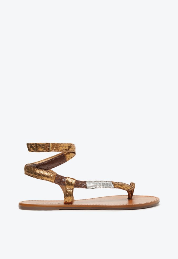 Sandália Rasteira Courtney Couro Snake Prata Mix