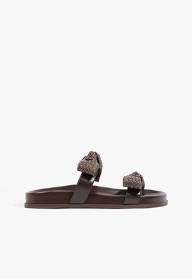 Papetes Flatform Bico Redondo Laços Marrom Claro