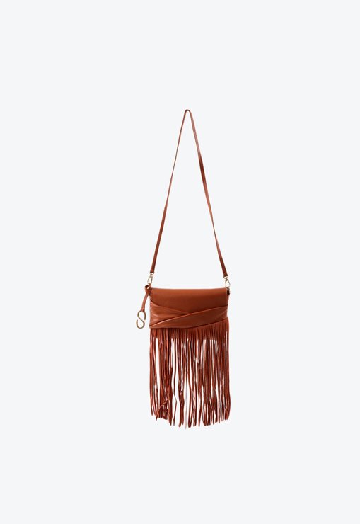 Bolsa Tiracolo Pouch Blossom Couro Franjas Marrom