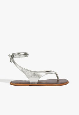 Sandália Rasteira Couro Amarração Prata