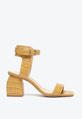 Sandália Salto Bloco Couro Croco Amarela