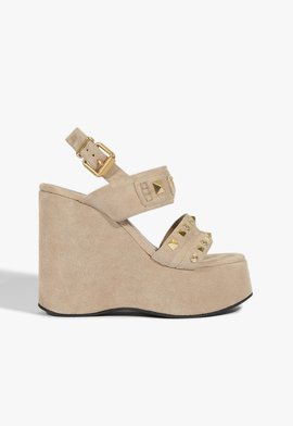 Sandália Anabela Couro Suede Bege