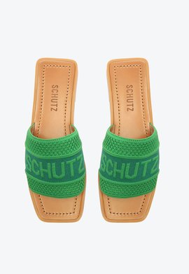Sandália Rasteira Slide Knit Bico Quadrado Verde