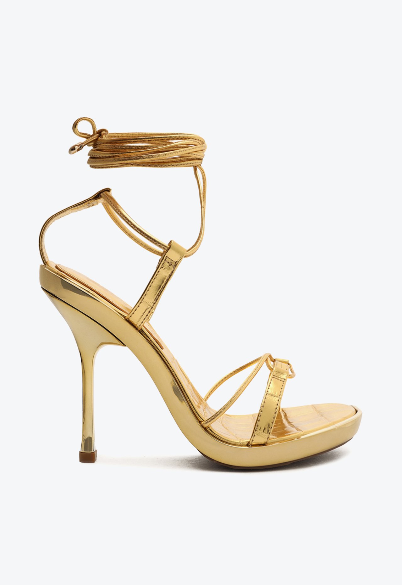 Sandália Lace Up Salto Alto Croco Dourada | Schutz