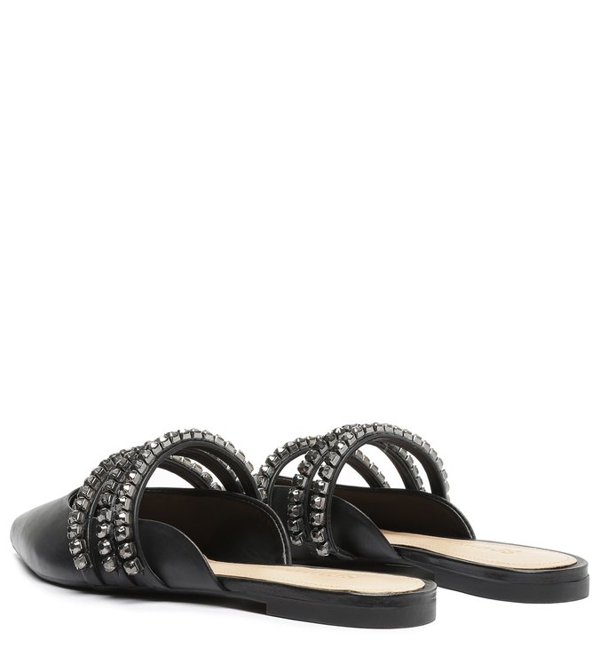Sapato Mule Rasteira Couro Cristais Preto Sapato Mule Rasteira Couro Cristais Preto