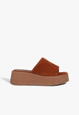 Sandália Slide Suede Ráfia Marrom