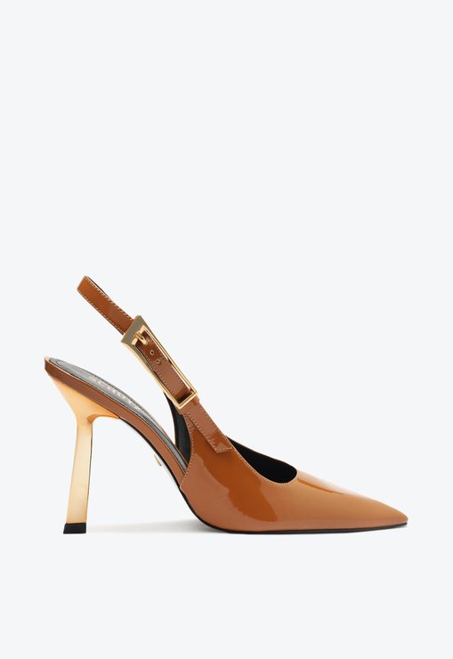 Sapato Ciara Scarpin Slingback Verniz Salto Marrom