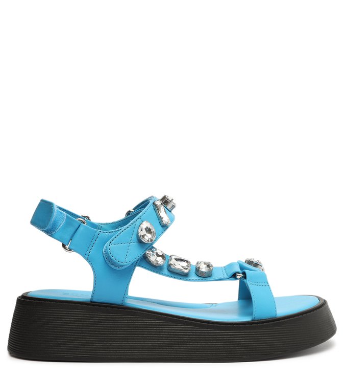 Sandália Papete Brilho Couro Azul