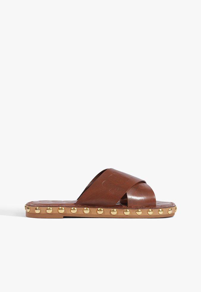 Sandália Tiras Studs Couro Marrom