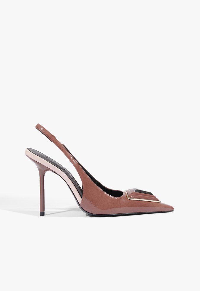 Scarpin Marrom Couro-Verniz Slingback Salto Elástico Metais
