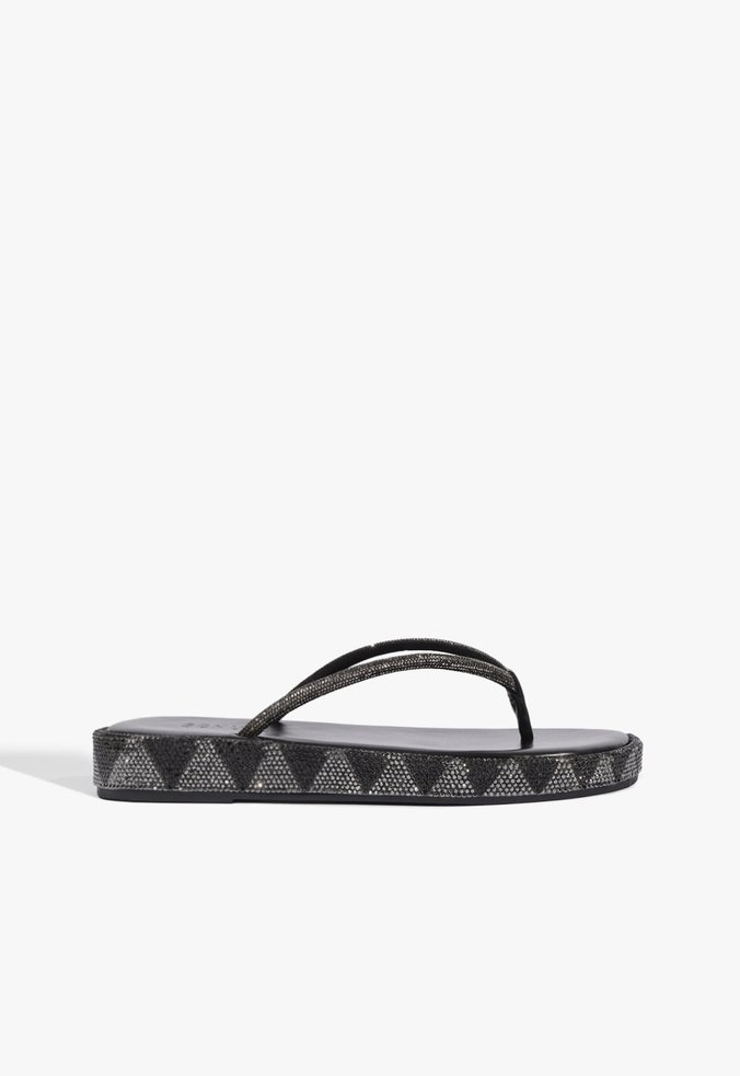 Sandália Flatform Preta Bico Redondo Tira V Pedraria Preta