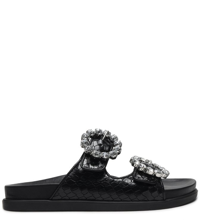 Sandália Papete Glam Pedraria Buckles Black