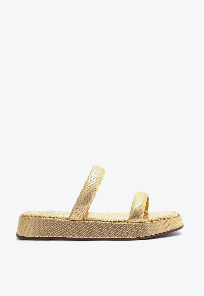 Sandália Papete Flatform Couro Dourada