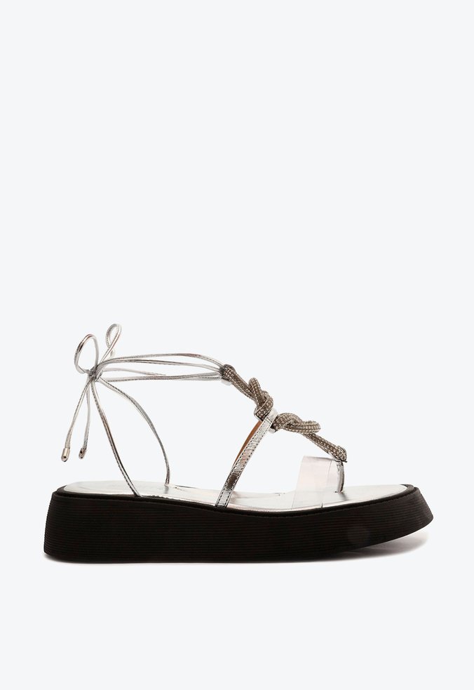 Sandália Papete Leora Sporty Pedraria Amarração Prateada