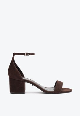 Sandália Salto Bloco Enida Low Camurça Marrom Escura