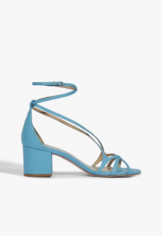 Sandália Salto Bloco Amanda Couro Azul