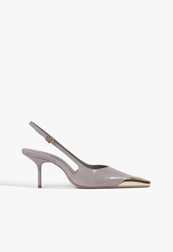 Slingback Biqueira de Metal Couro Cinza