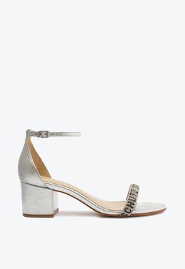 Sandália Logo Pedrarias Salto Bloco Prata