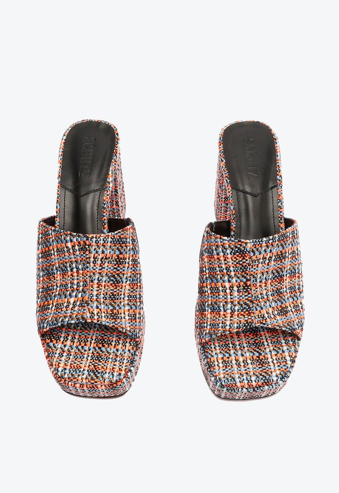 Sandália Mule Salto Bloco Médio Tecido Tweed Colorida Sandália Mule Salto Bloco Médio Tecido Tweed Colorida
