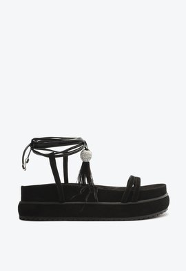 Sandália Papete Tratorada Camurça Penas Preta