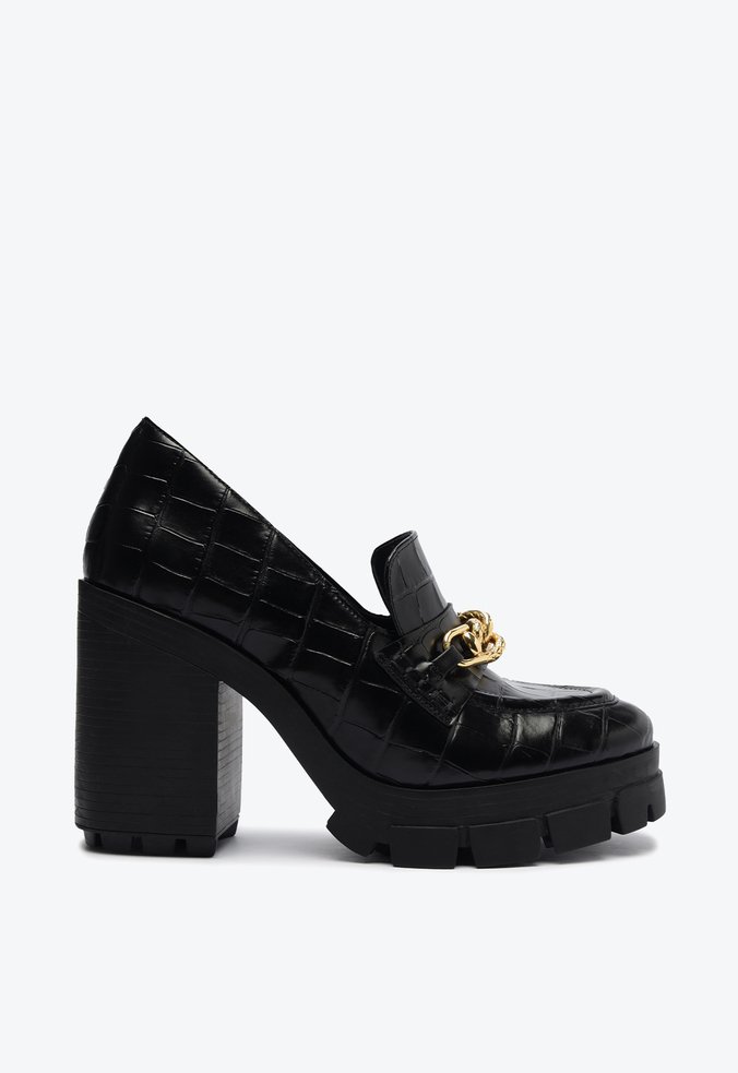Mocassim Tratorado Salto Bloco Alto Couro Croco Preto