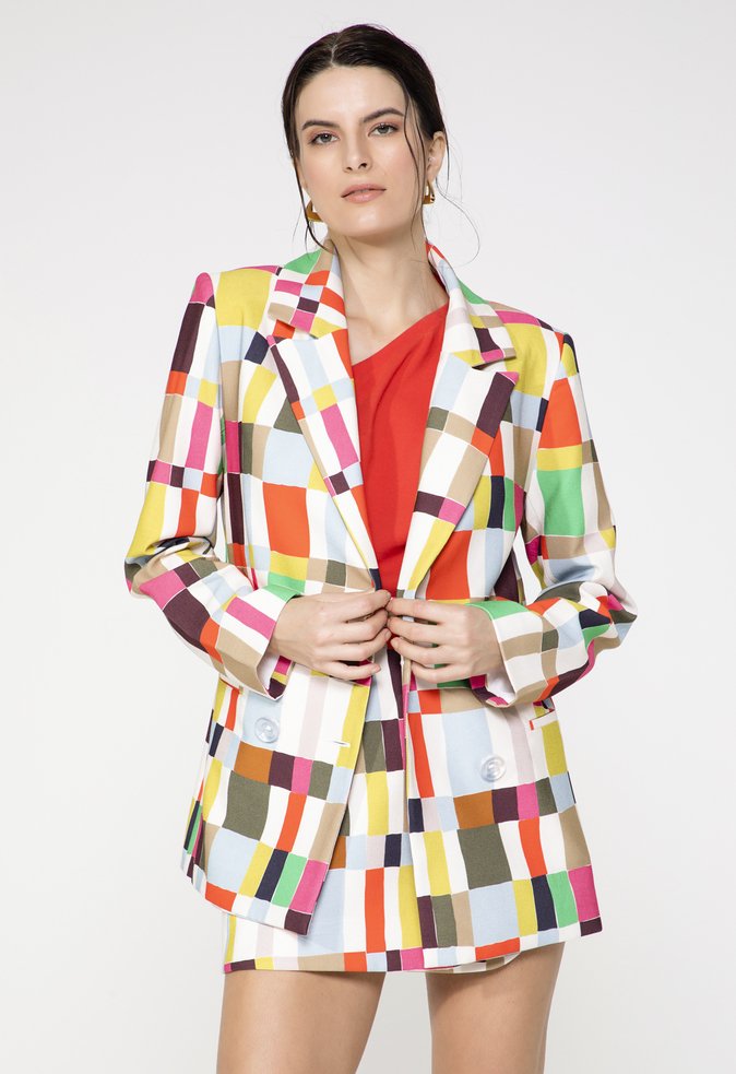 Blazer Viscose Branca Xadrez Colorido