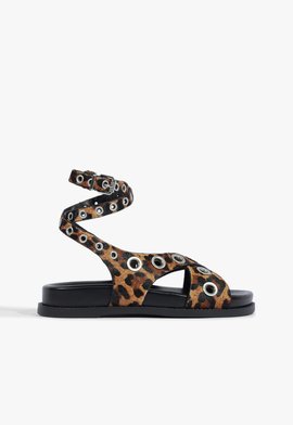 Sandália Papete Fresh Boho Couro Ilhóses Animal Print
