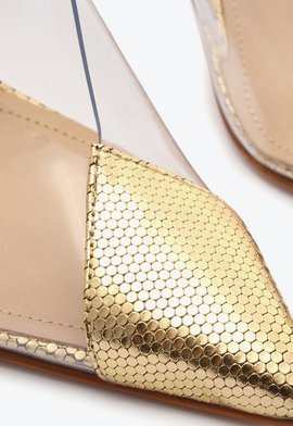Sapato Mule com Salto Transparente Dourado