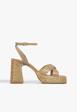 Sandália Salto Bloco Trançada Marrom