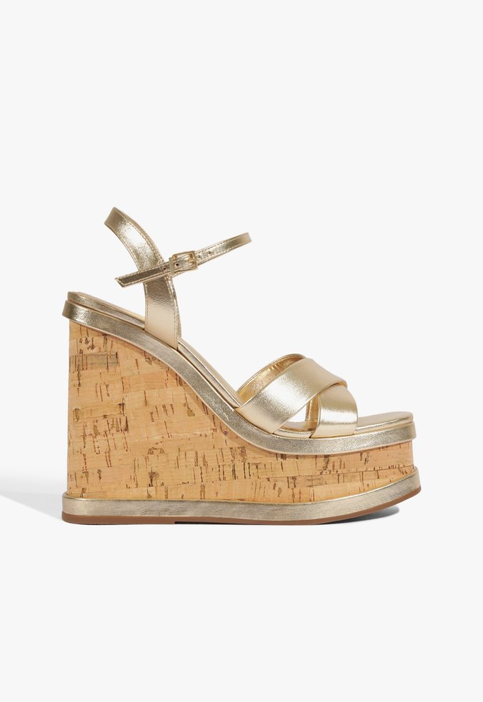 Sandália Anabela Cortiça Couro Dourada