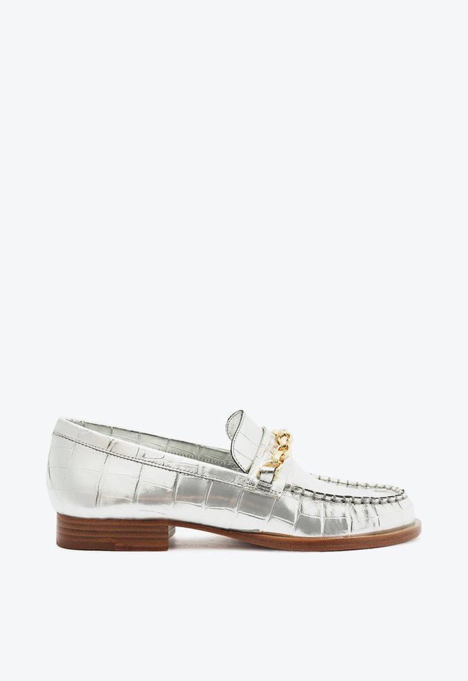 Mocassim Chain Ornamental Couro Prata