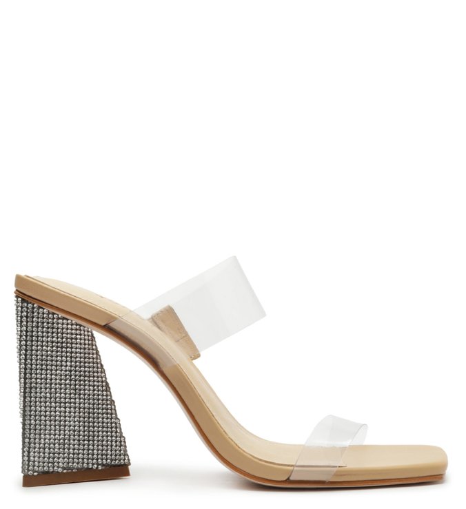 Sandália Mule com Salto Ariellen Vinil Transparente Bege