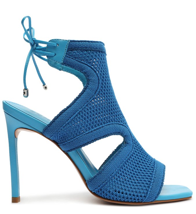 Sandália Fechada Salto Alto Knit Tricô Azul